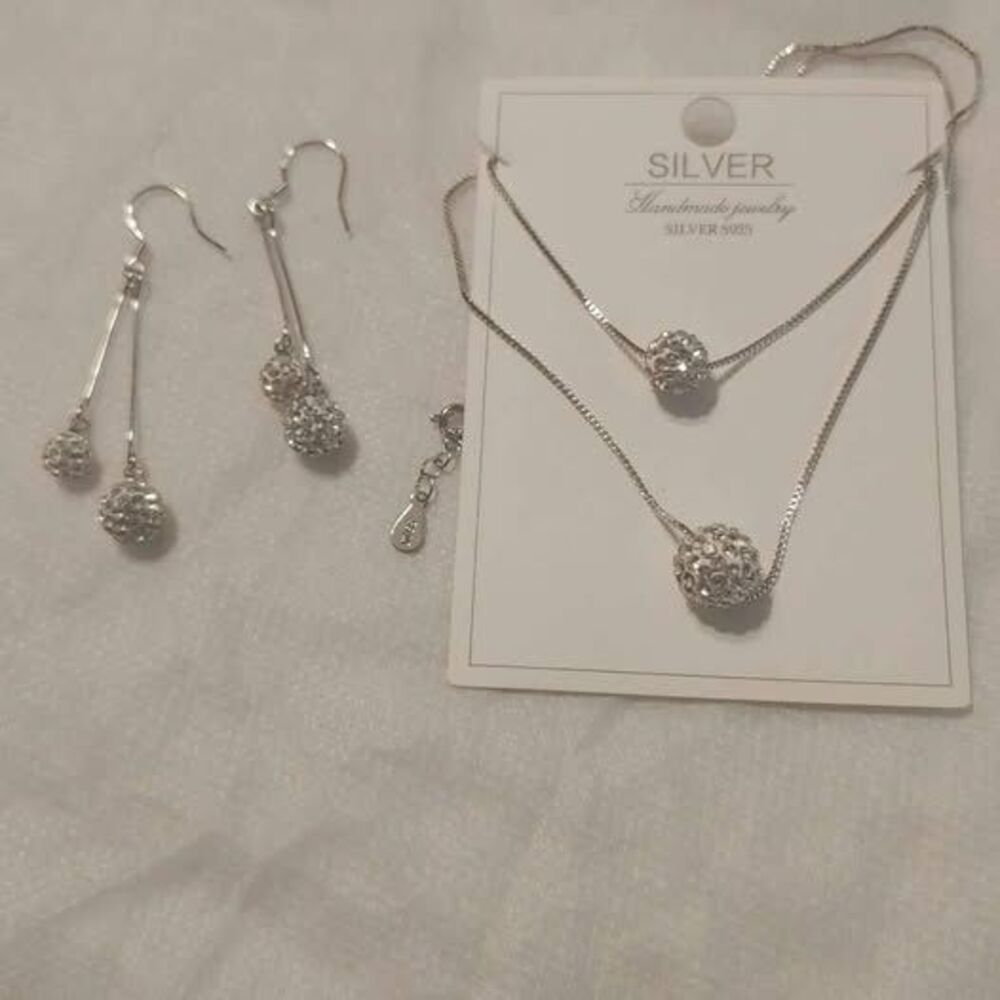 Multi-Layer S925 Rhinestone ball Necklace and 2 ball Earring Set